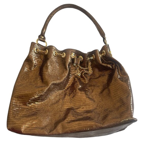 Marilu Large Leather Metallic Bronze Handbag ~ Hobo Bag ~ Bucket Bag Drawstring - Picture 7 of 12